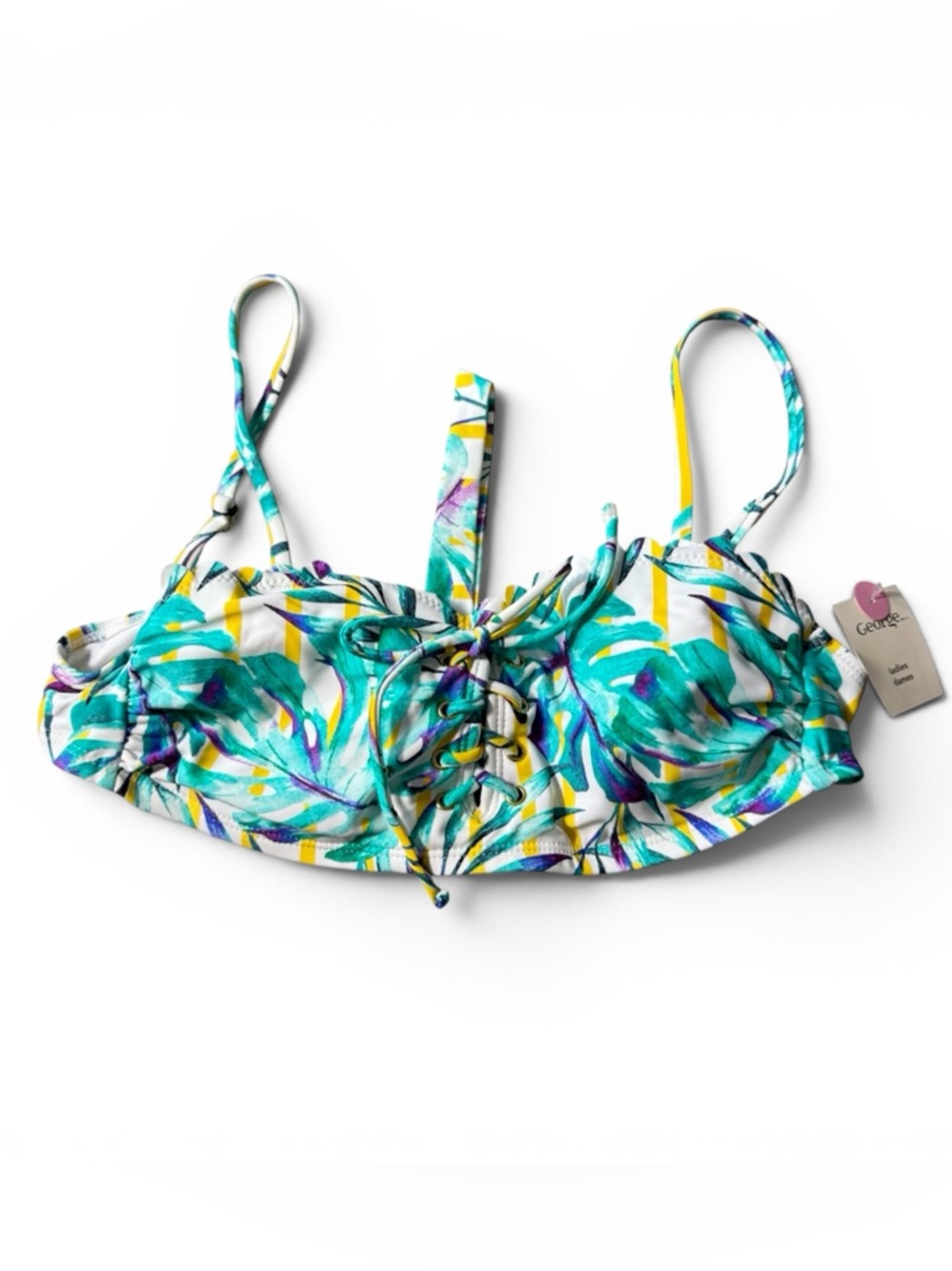 George Ladies‎ Lace-Up Bikini Top Tropical Print Teal Yellow Size S